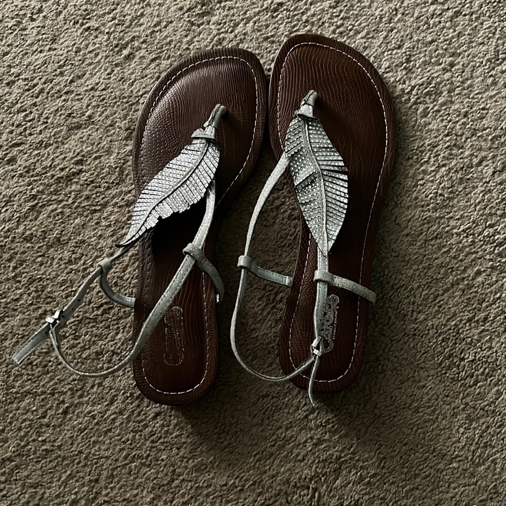 Silver and brown feather sandal